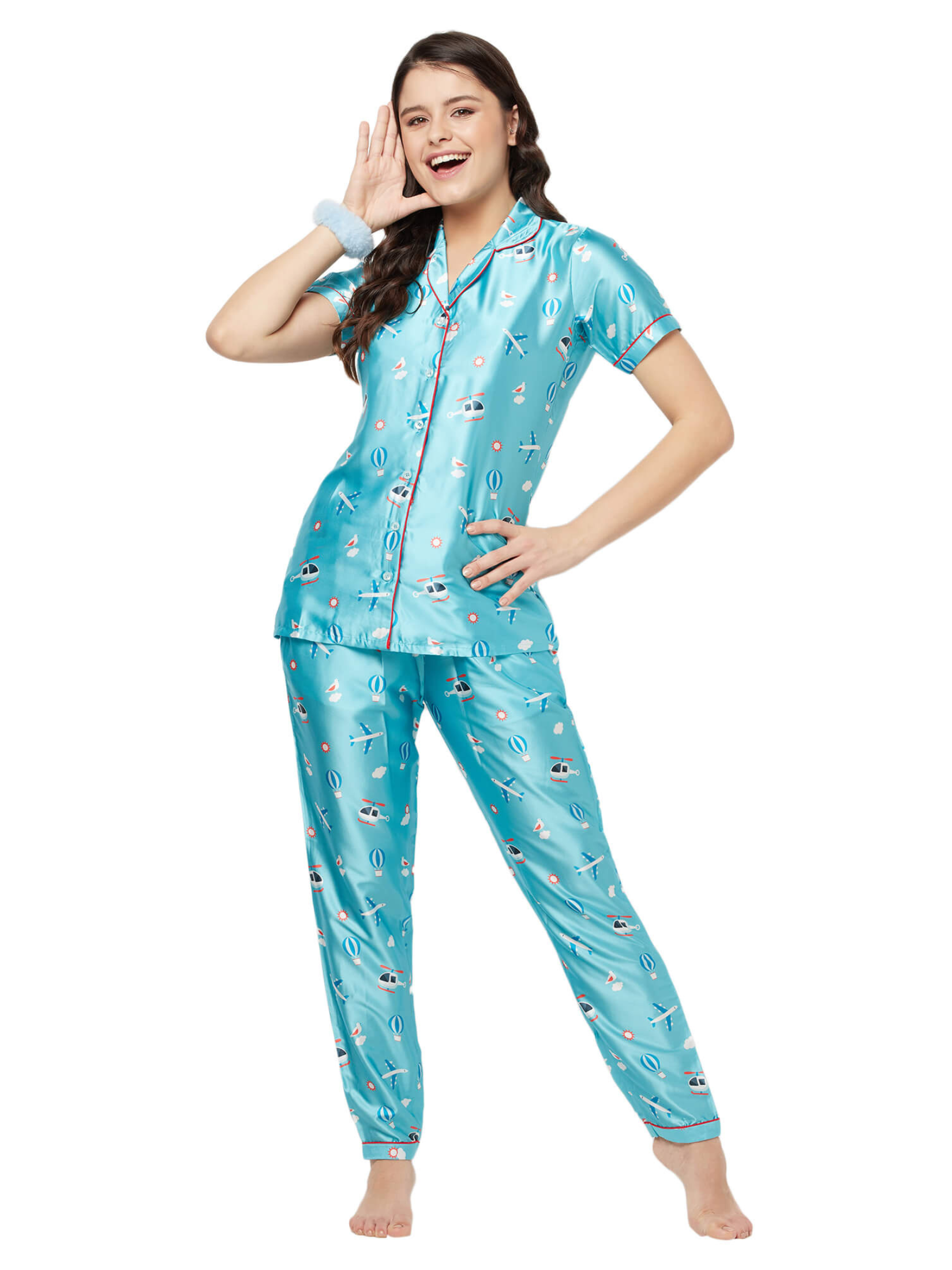 Blue Helicopter Aeroplane N Balloon Print Night Suit