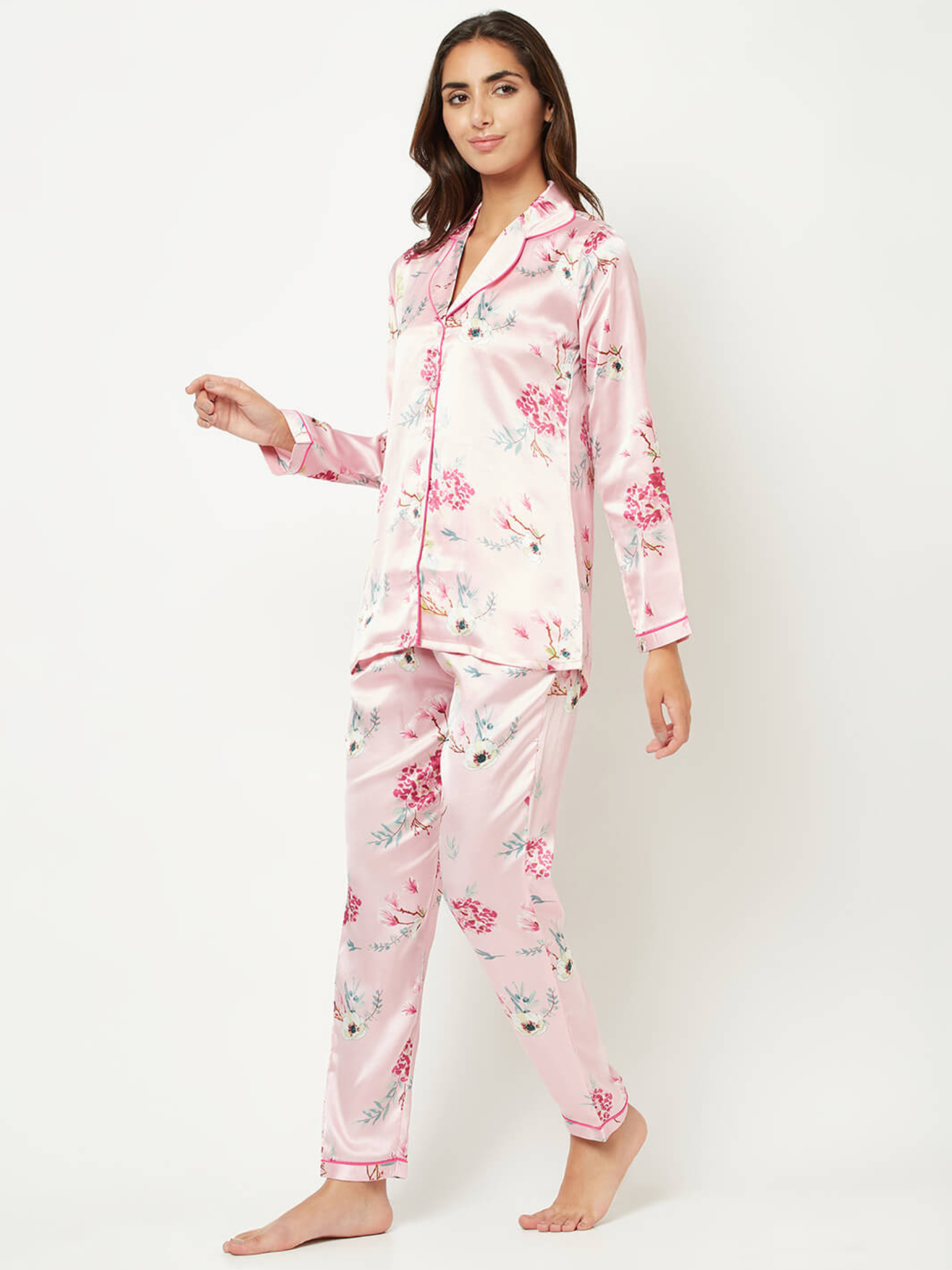 Pink Floral Print Satin Full Sleeves Nightsuit