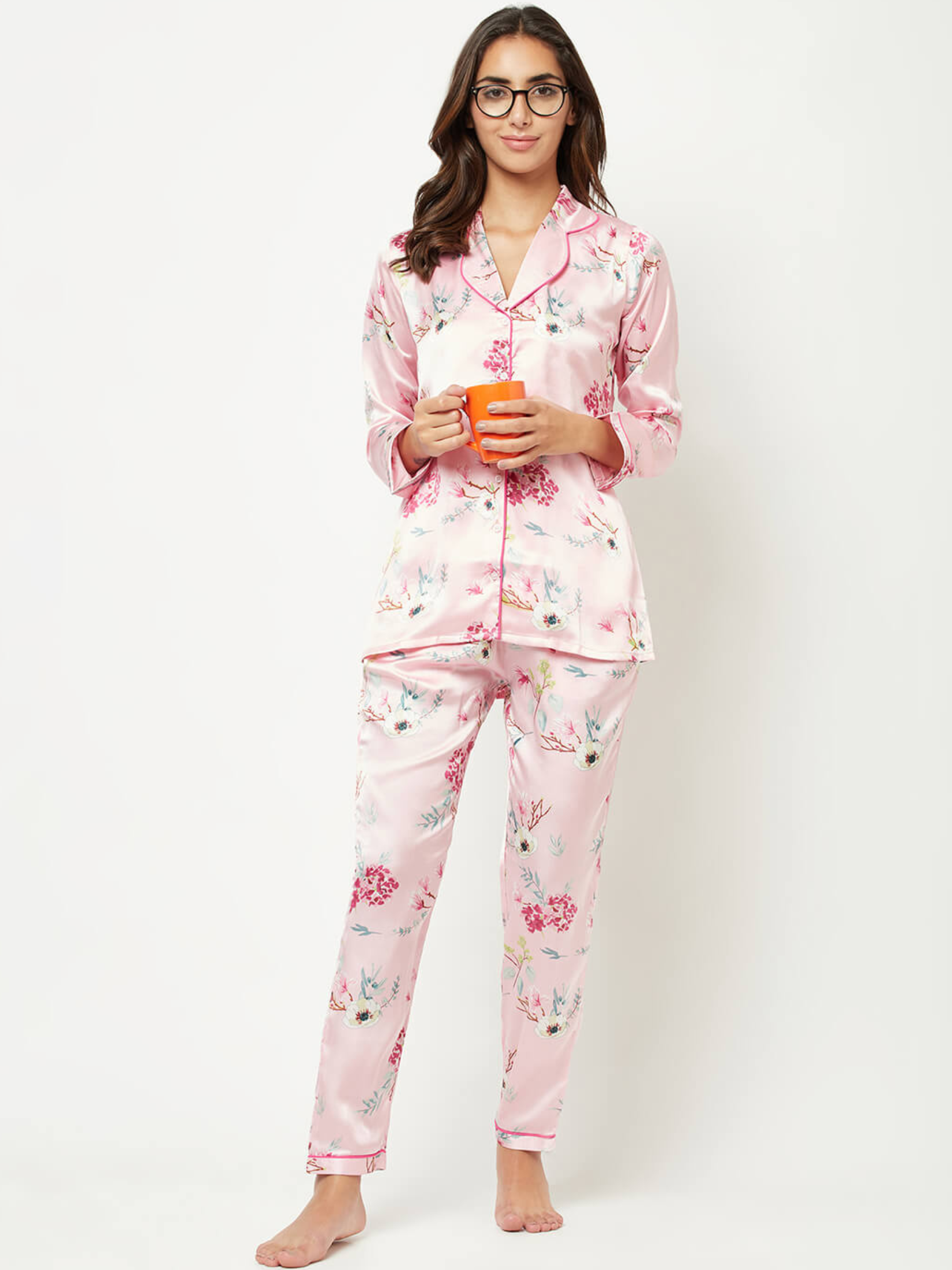 Pink Floral Print Satin Full Sleeves Nightsuit