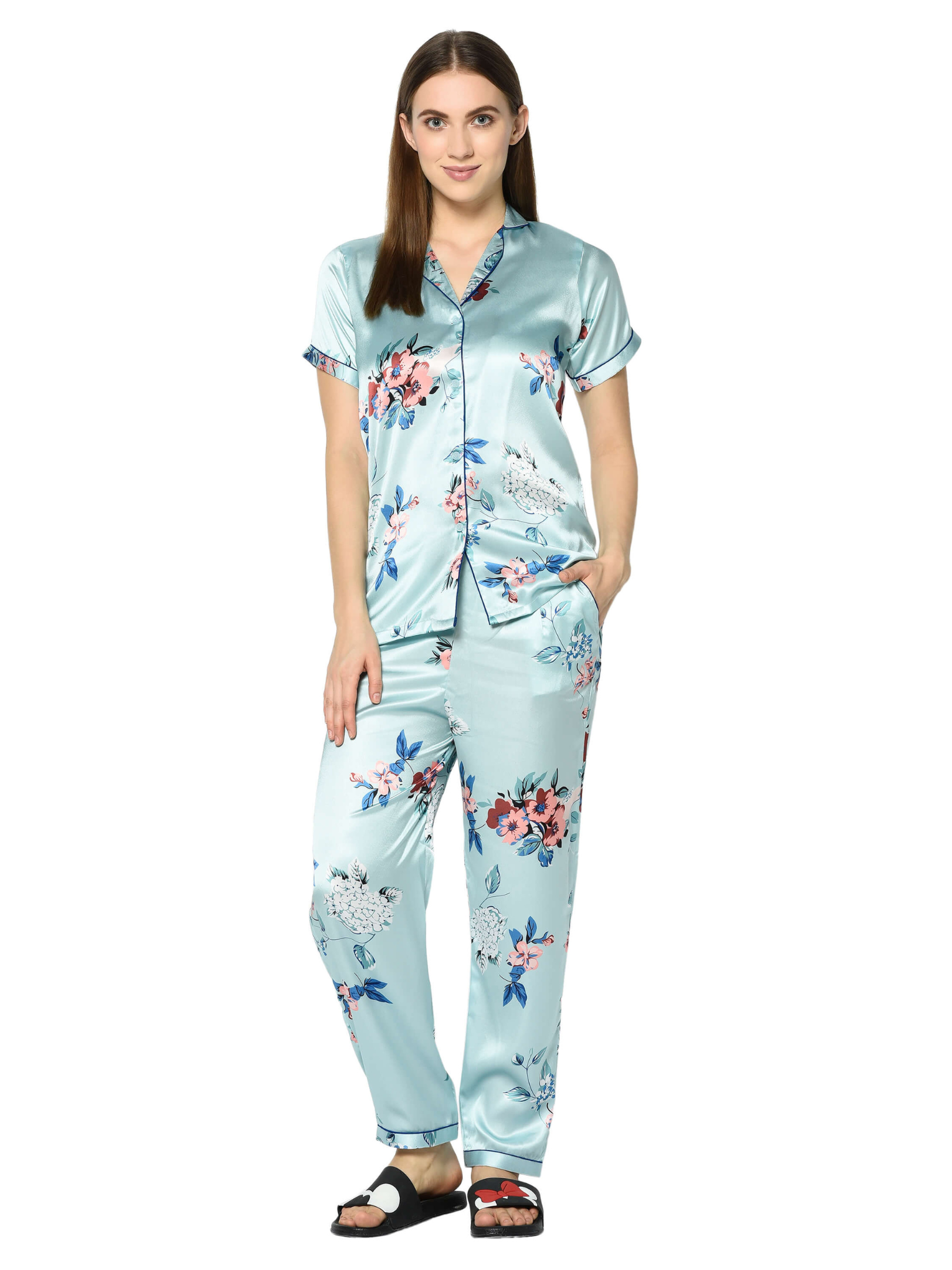 Sky Blue Floral Print Night Suit