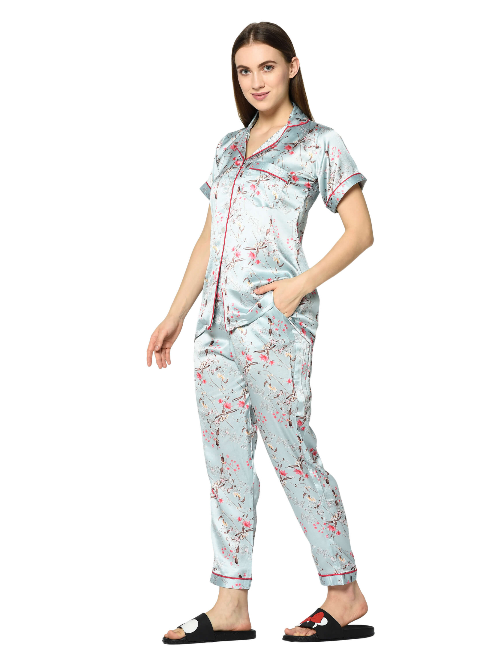 Turquoise Floral Print Night Suit