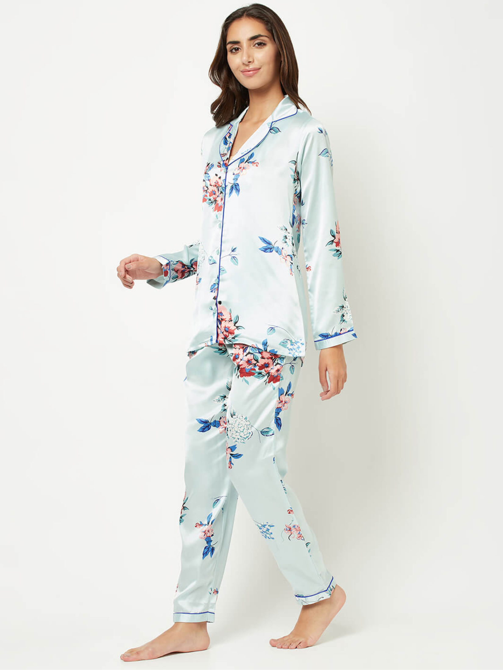 Sky Blue Floral Print Night Suit