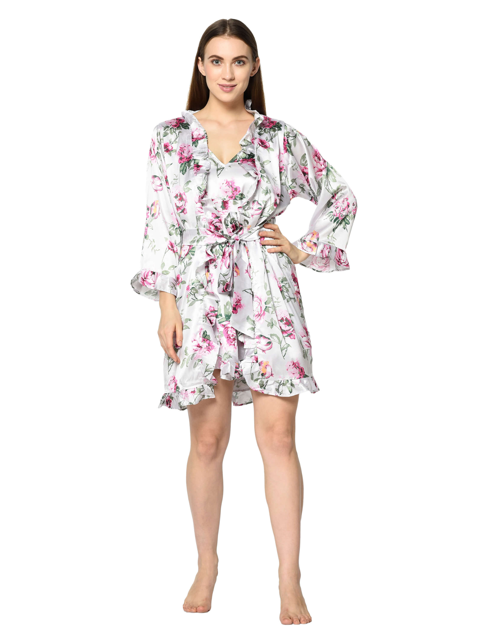 White & Pink Floral Print 3 PC Night Suit